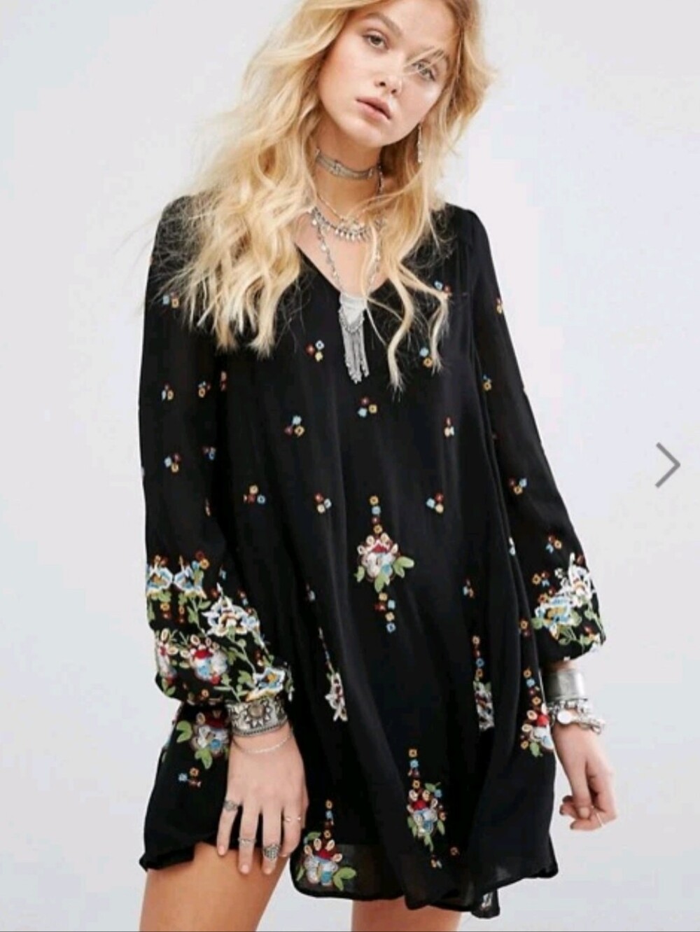 Free People Oxford Embroidered Black Festival Concert Boho Dress XS